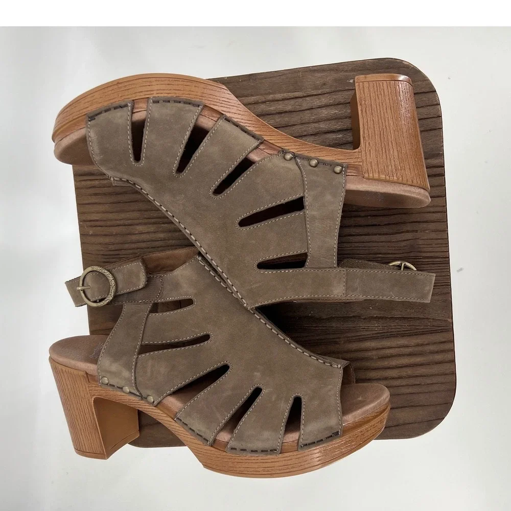 Dansko Tasha Taupe Nubuck Leather Cage Heel Sandals Size 42 Clog Platform